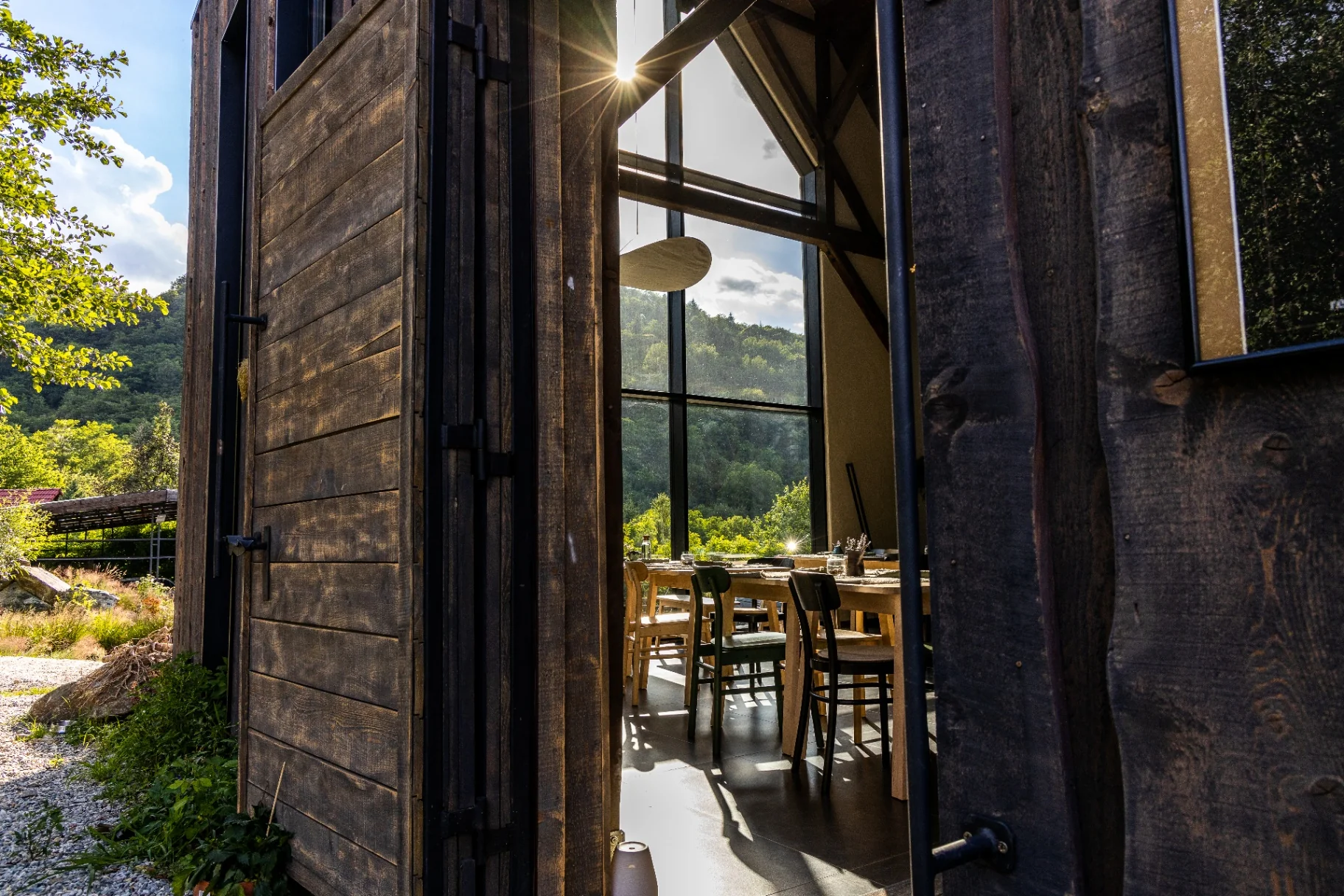 Intrarea spre Green Bistro Vatra, cu pădurea în spate